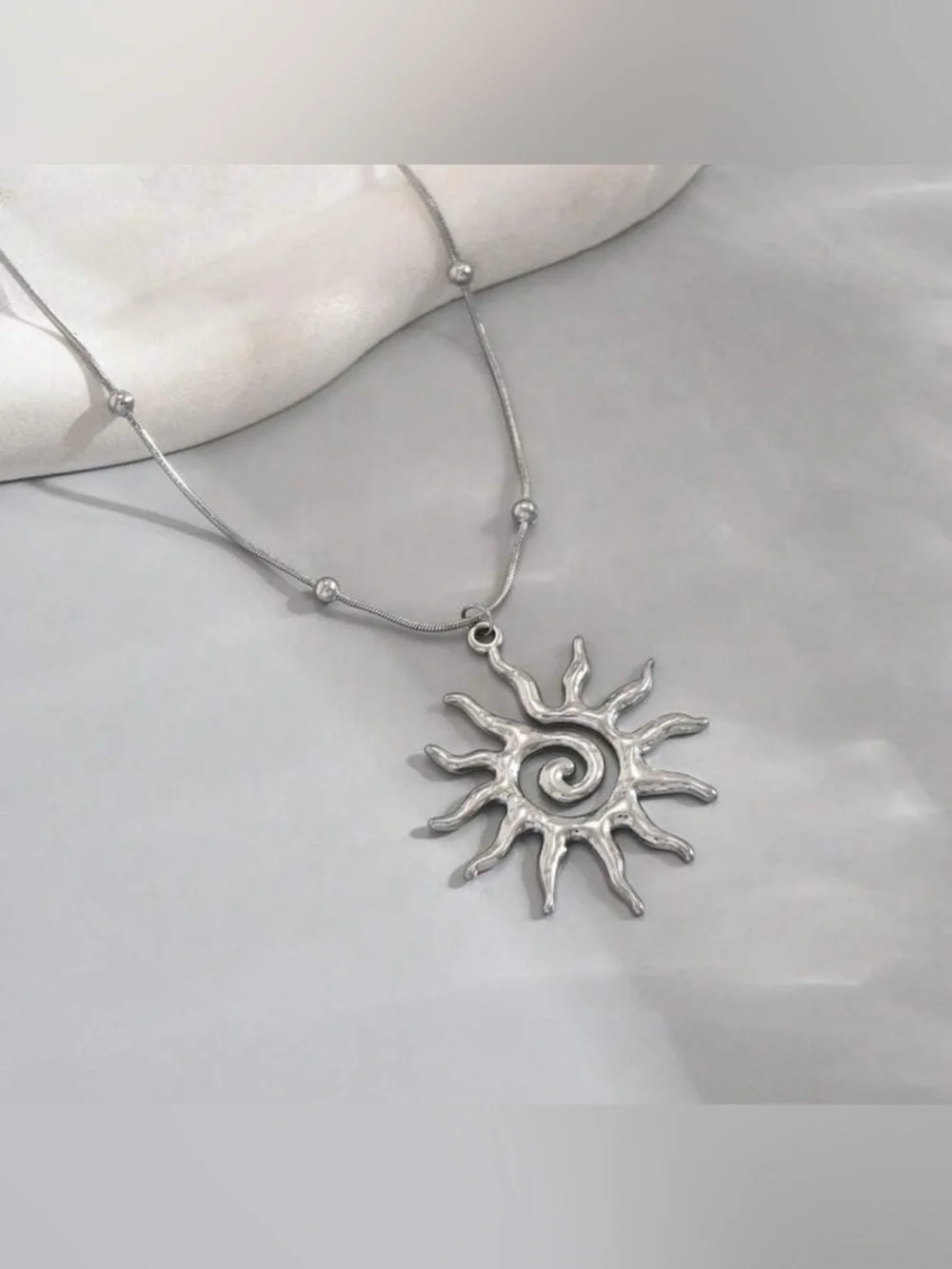 Silver Plated Stainless Steel Beaded Spiral Sun Pendant Necklace